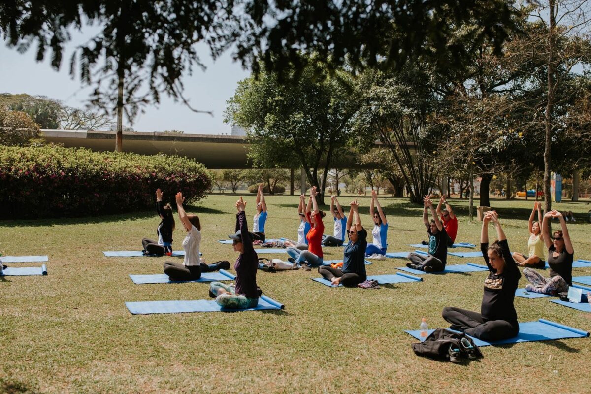 Grupo de pessoas praticando yoga ao ar livre em um gramado