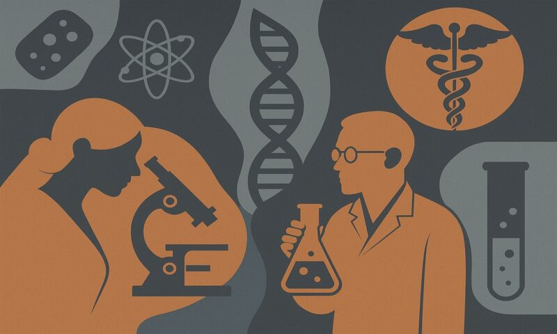 Ilustração abstrata em tons de azul e cobre que representa a pesquisa científica em saúde. Mostra uma cientista observando ao microscópio e um pesquisador segurando um frasco, com símbolos como DNA, átomo e caduceu ao fundo.