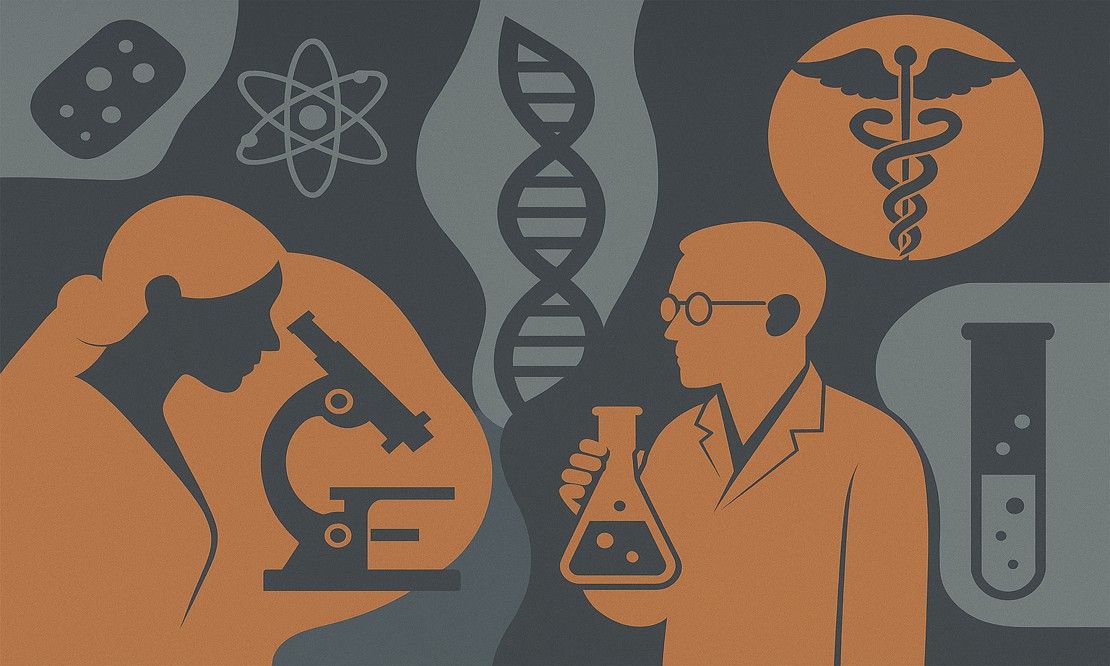 Ilustração abstrata em tons de azul e cobre que representa a pesquisa científica em saúde. Mostra uma cientista observando ao microscópio e um pesquisador segurando um frasco, com símbolos como DNA, átomo e caduceu ao fundo.
