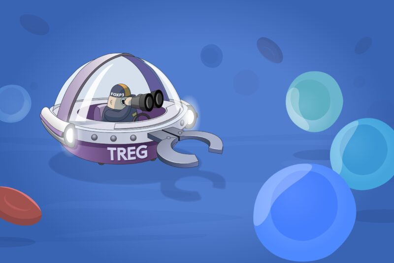 Ilustração de célula T reguladora personificada como uma nave espacial roxa, com a inscrição “Treg” e um operador usando capacete com o nome “Foxp3”, observando outras células coloridas por meio de binóculos em um ambiente azul.