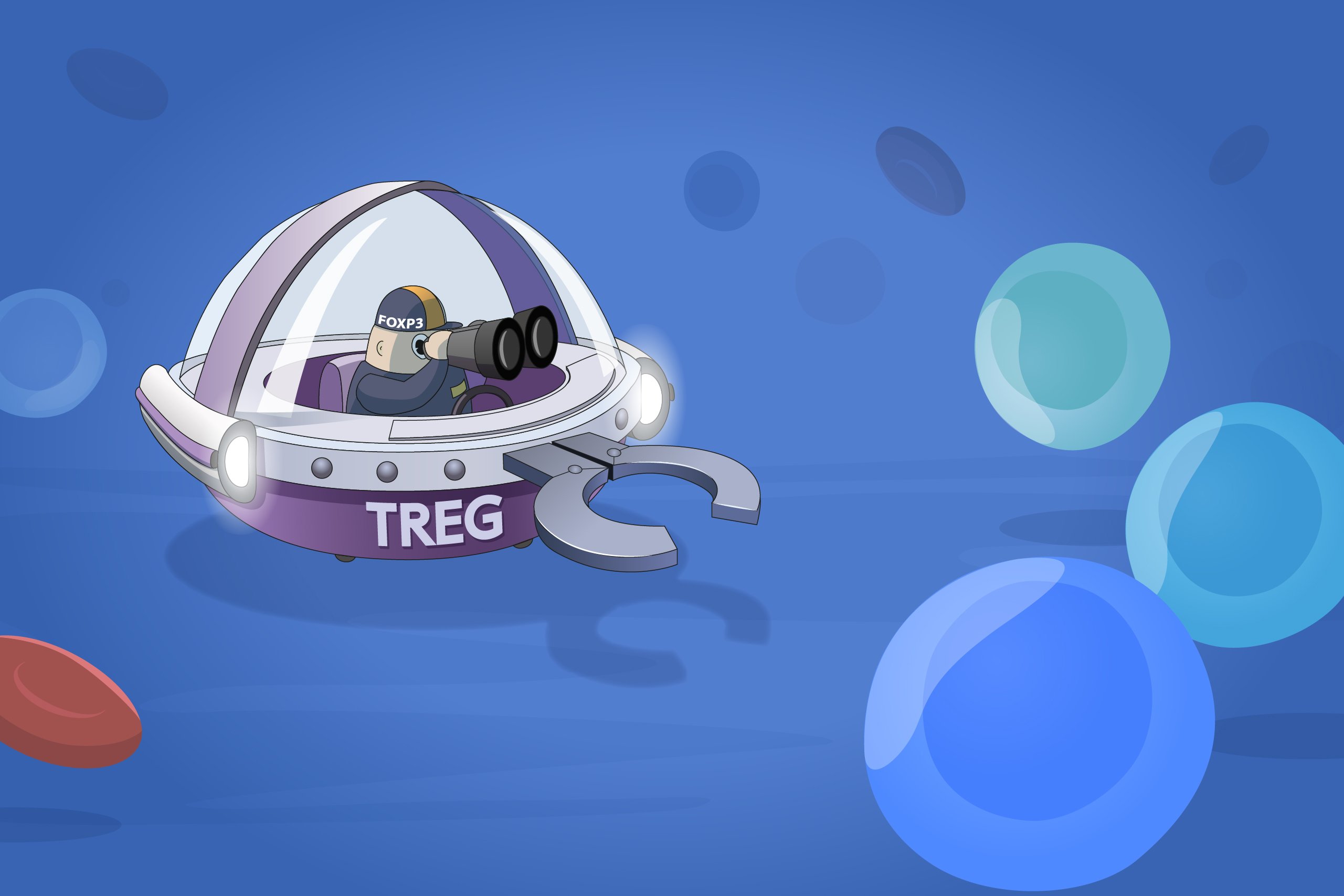 Ilustração de célula T reguladora personificada como uma nave espacial roxa, com a inscrição “Treg” e um operador usando capacete com o nome “Foxp3”, observando outras células coloridas por meio de binóculos em um ambiente azul.
