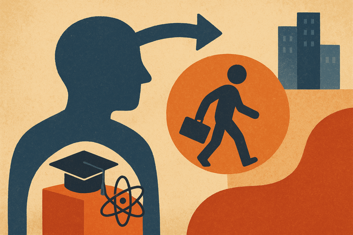Ilustração abstrata mostra a transição de um cientista do meio acadêmico para o mercado de trabalho: uma silhueta azul com símbolos científicos e uma seta apontando para uma figura caminhando em direção a prédios, em tons de azul e laranja.
