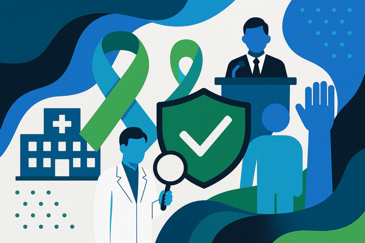 Ilustração abstrata em azul, verde, preto e branco, com um laço verde ao centro, um escudo de proteção, um pesquisador com lupa, um hospital e figuras humanas. As formas fluidas simbolizam a atuação conjunta da saúde, ciência, gestão pública e sociedade civil na prevenção do câncer