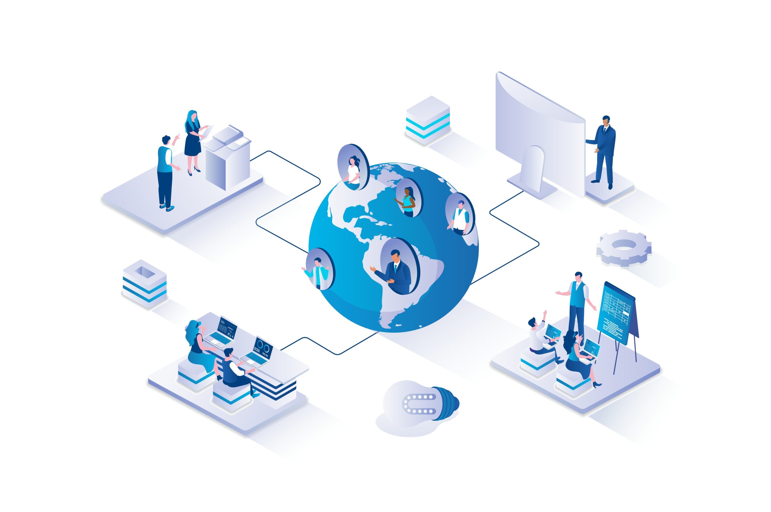 Ilustração isométrica em tons de azul mostrando um globo terrestre ao centro conectado por linhas a diferentes grupos de profissionais trabalhando em plataformas digitais. Ao redor do globo, há retratos de pessoas em círculos representando colaboração. Nos cantos, profissionais interagem com computadores, telas de dados, equipamentos médicos e apresentações, simbolizando trabalho colaborativo e interdisciplinar em saúde