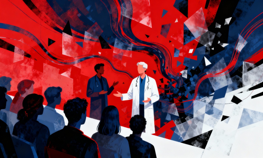 An abstract scene shows two scientists in the foreground speaking to an attentive audience, indicating direct communication between research and society. Intense shades of red, dark blue, black, and white create an atmosphere of tension and dynamism, evoking debates about trust and uncertainty. Fragmented geometric shapes in the background suggest the complexity of scientific processes and the need to make them understandable to the public.