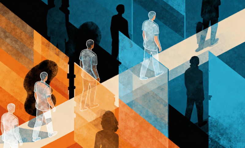 Dark abstract illustration featuring central shapes suggestive of a frail body surrounded by rigid structures. These surrounding shapes resemble walls or half-open doors, symbolizing the stigma and barriers to professional reintegration. Small dots of light in the background suggest opportunities and hope, but appear distant, reflecting the limitations imposed by socioeconomic conditions.