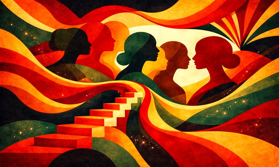 Ilustração abstrata em tons quentes que representa mulheres diversas conectadas por fluxos de cor, simbolizando apoio mútuo, sororidade e trajetórias compartilhadas. As formas em movimento sugerem persistência, fortalecimento coletivo e a conquista de espaços pelas mulheres na ciência.