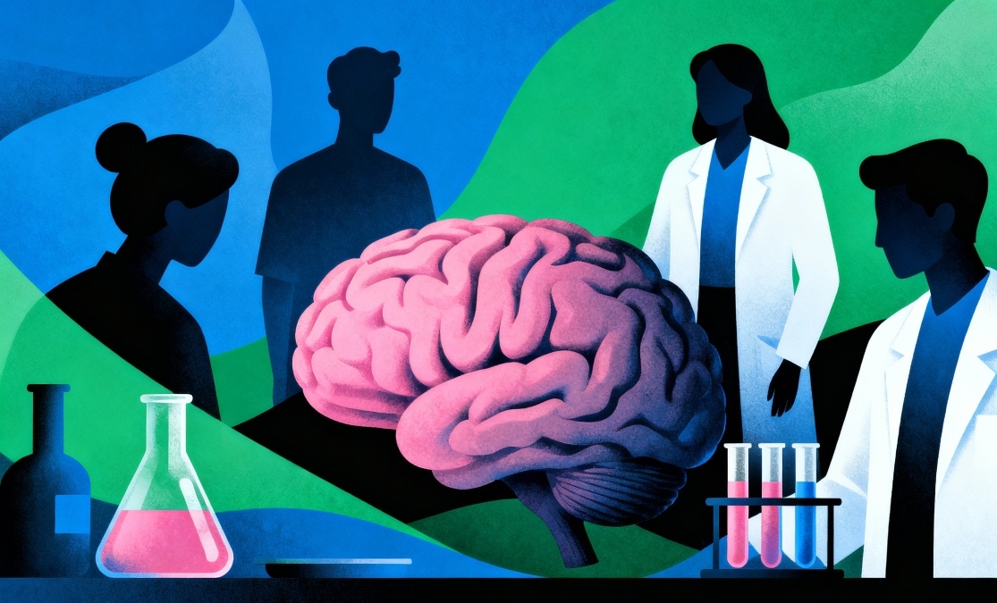 A imagem mostra cientistas em ambiente laboratorial, próximos a um cérebro ilustrado em destaque, representando a importância da saúde mental na atividade científica. Elementos como jalecos, tubos de ensaio e frascos reforçam a conexão entre pesquisa e bem-estar, enquanto as cores intensas transmitem energia e acolhimento visual