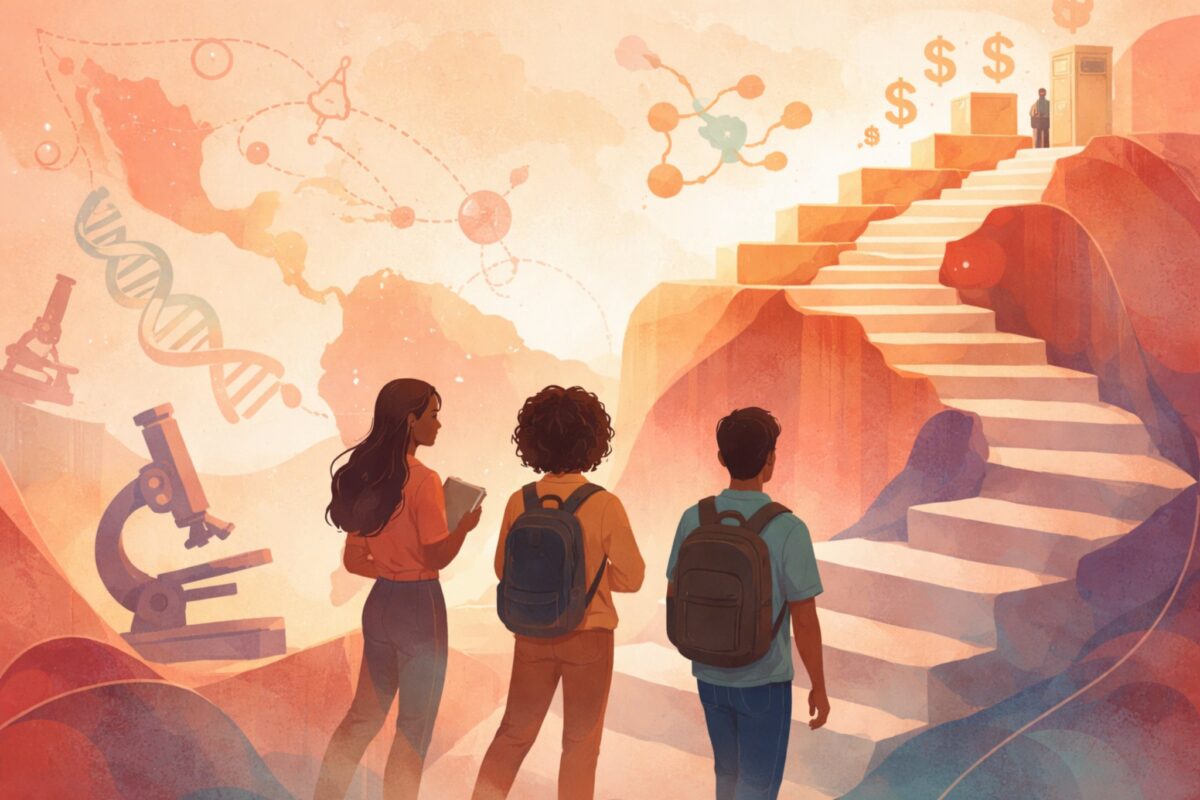 Ilustração abstrata em tons quentes e pastéis retrata jovens pesquisadores diante de obstáculos estruturais na ciência. A cena simboliza desigualdades que afetam o início da carreira científica na América Latina