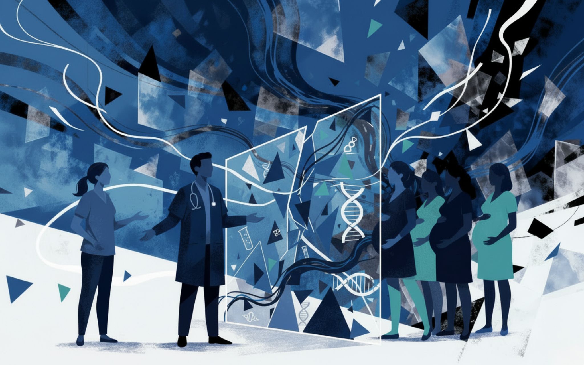 Abstract geometric composition in shades of blue, with black and white silhouettes of n expectant mother, healthcare professionals, and other people in the center. Fluid geometric elements—weaving lines, polygonal shapes, and fragments—intertwine, creating movement and suggesting barriers and gaps in knowledge.