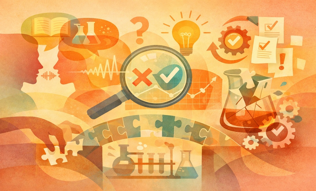 Ilustração conceitual de comunicação científica, com duas pessoas dialogando enquanto ícones de laboratório, gráficos e ideias se conectam como peças de quebra cabeça