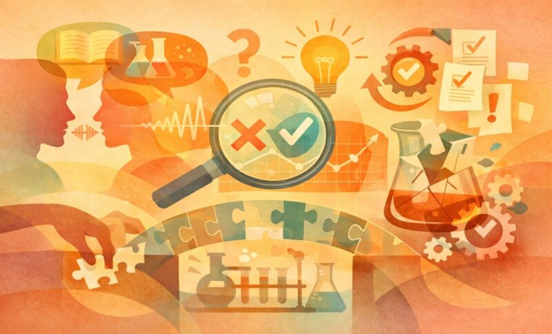 Conceptual illustration of science communication, with two people talking while laboratory icons, graphs, and ideas connect like pieces of a puzzle