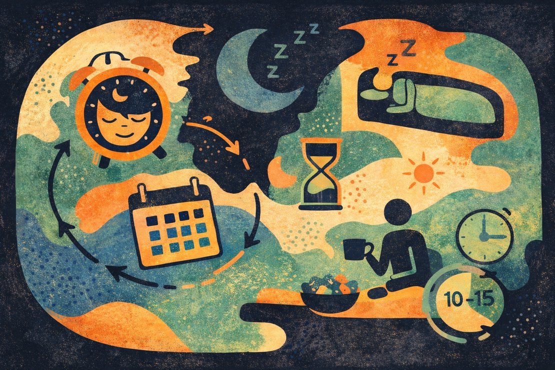 Ilustração abstrata em tons quentes e pastéis que representa o equilíbrio entre sono, pausas e organização do tempo. Elementos como relógio, lua, calendário e figuras em descanso simbolizam a agenda reversa e o cuidado com os ritmos diários