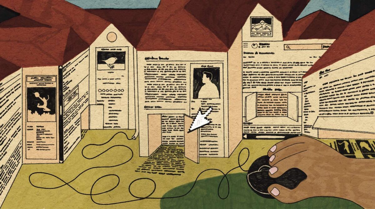 Ilustração mostra páginas de enciclopédias formando casas interligadas, com um cursor e uma mão usando mouse, simbolizando o acesso digital ao conhecimento coletivo.