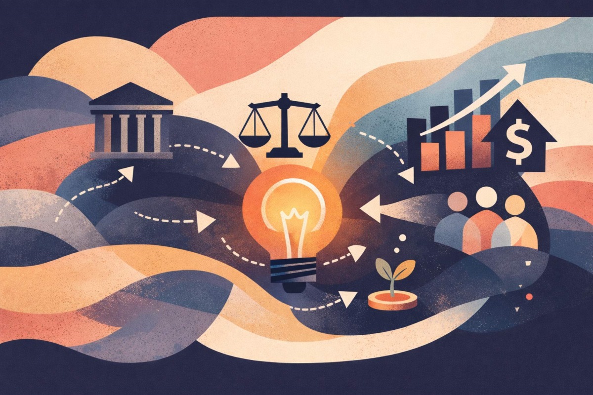 Abstract illustration in pastel and deep blue tones features a classical building, a set of scales, and a lamp at the center, symbolizing universities, the legal system, and innovation. On the right, upward graphs, dollar signs, and human figures point to the economic and social impact of scientific research driving development