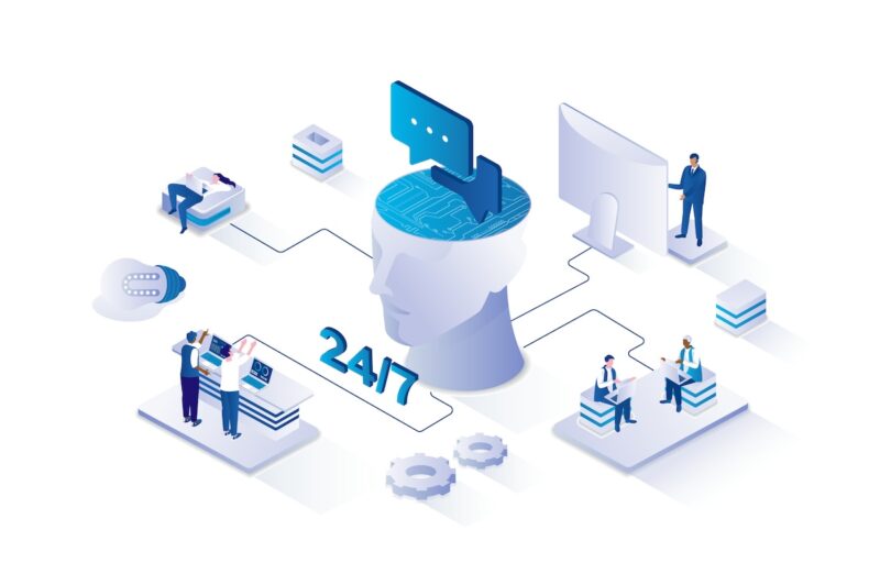 Ilustração isométrica em tons de azul e branco mostrando um ecossistema de conhecimento científico digital. No centro, uma cabeça humana estilizada em formato de recipiente contém circuitos eletrônicos e um ícone de documento PDF, simbolizando a transformação do conhecimento. Ao redor, diversas pessoas interagem com pilhas de documentos e telas de computador, conectadas por linhas que convergem para o centro. O número "24/7" aparece em destaque, representando acesso contínuo. Engrenagens na base sugerem processos automatizados.