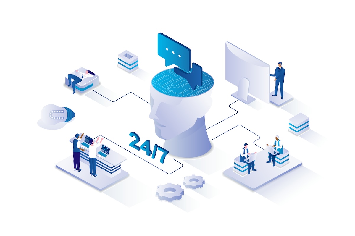 Isometric illustration in shades of blue and white, depicting a digital scientific knowledge ecosystem. In the center, a stylized human head in the shape of a container holds electronic circuits and a PDF document icon, symbolizing the transformation of knowledge. Around the head, people interact with stacks of documents and computer screens, connected by lines that converge at the center. The figure "24/7" appears prominently, representing continuous access. Gears at the bottom suggest automated processes.
