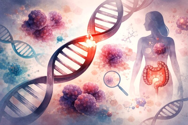 Ilustração abstrata representa falhas nos mecanismos de reparo do DNA e sua relação com a predisposição hereditária ao câncer, integrando genética, células e corpo humano de forma simbólica