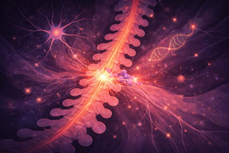 Abstract illustration in pink and purple tones depicts the spinal cord with a bright focal point at its center, suggesting a neural injury