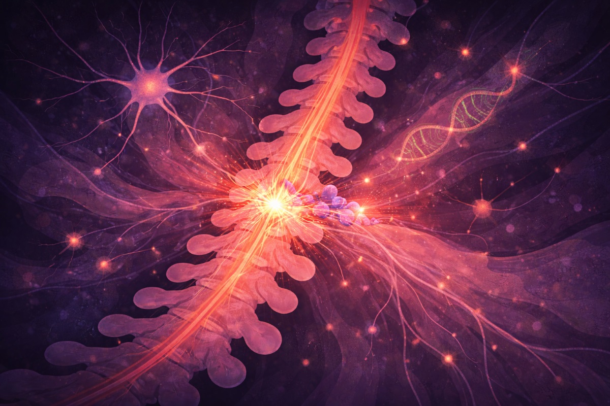 Abstract illustration in pink and purple tones depicts the spinal cord with a bright focal point at its center, suggesting a neural injury