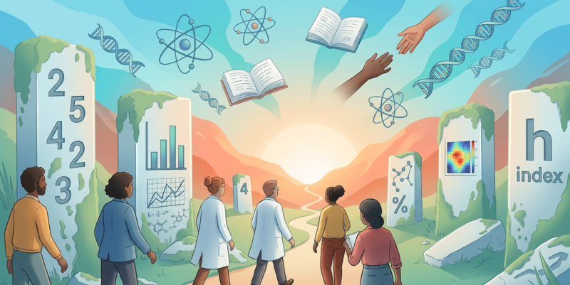 Ilustração em aquarela texturizada mostra pesquisadores caminhando por um vale onde grandes monólitos de pedra gravados com números e símbolos de gráficos de barras aparecem cobertos de musgo e vegetação, como ruínas abandonadas do passado. Os pesquisadores seguem por um caminho de terra em direção à luz dourada no horizonte. No céu alaranjado brilham elementos abstratos flutuantes: diagramas de orbitais atômicos, livros abertos com páginas visíveis e pares de mãos estendidas umas às outras, simbolizando colaboração e conhecimento compartilhado.