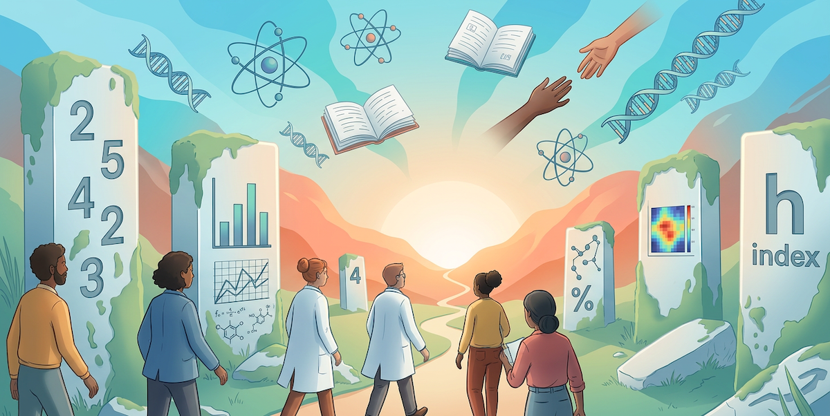 Textured watercolor-style illustration showing researchers walking through a valley where large stone monoliths engraved with numbers and bar chart symbols stand covered in moss and vegetation, like abandoned ruins of the past. The researchers follow a path toward golden light on the horizon. In the blue sky float abstract elements—atomic orbital diagrams, open books with visible pages, and a hand outstretched reaching toward another, symbolizing collaboration and shared knowledge.