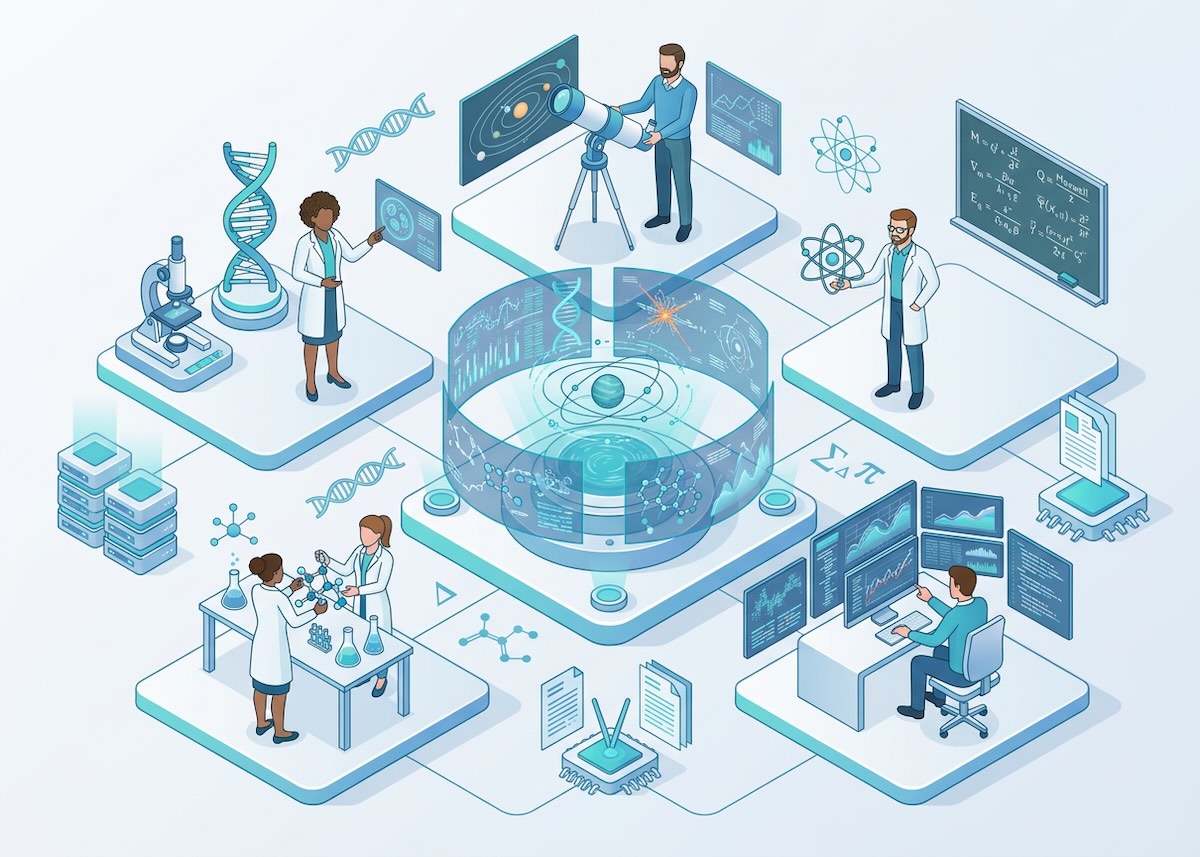 The illustration shows scientists from different fields (biology, physics, chemistry, data science, and astronomy) collaborating around a central space, with visual elements representing their respective disciplines — DNA, atoms, molecules, data, and planets.