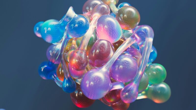 Three-dimensional digital illustration of a protein, featuring organic shapes and translucent colors, representing molecular structures used in protein design research.