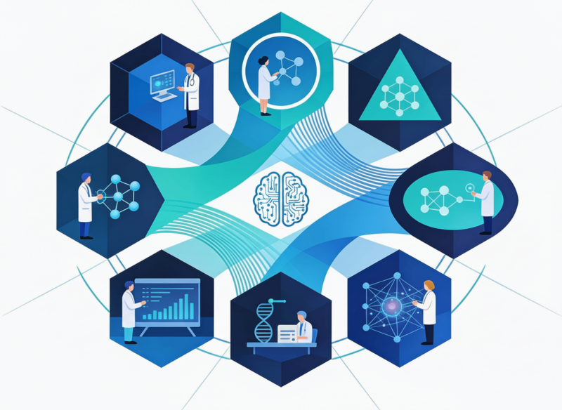 Composição geométrica abstrata em tons de azul, com um símbolo visual de inteligência artificial — representado por padrões de redes neurais ou nós interconectados — no centro como ponto focal. Ao redor, silhuetas de profissionais de saúde, médicos e pacientes em preto e branco integram-se à composição.