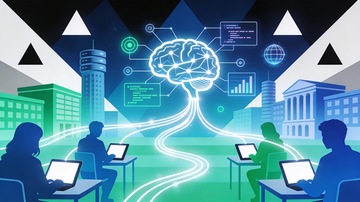 Digital illustration of an artificial brain illuminated at the center, connected by glowing lines to technology icons (programming code, charts, and a globe). At the bottom, silhouettes of four students work on laptops in shades of blue and green. In the background, stylized buildings suggest a university campus, while geometric triangular shapes fill the sky.
