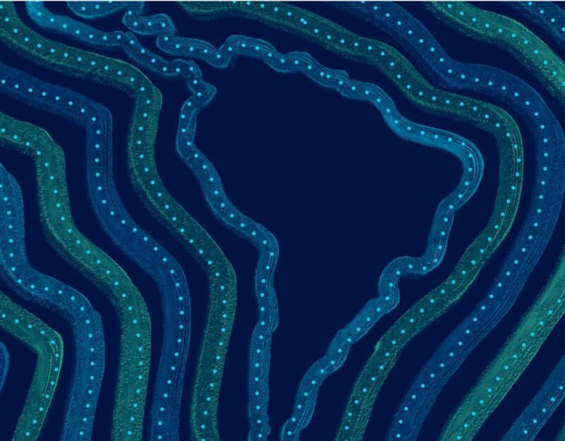 Ilustração abstrata em tons de azul e verde, com linhas sinuosas e pontos luminosos formando padrões orgânicos. A composição remete a fluxos, conexões e redes, evocando dinamismo e interligação.