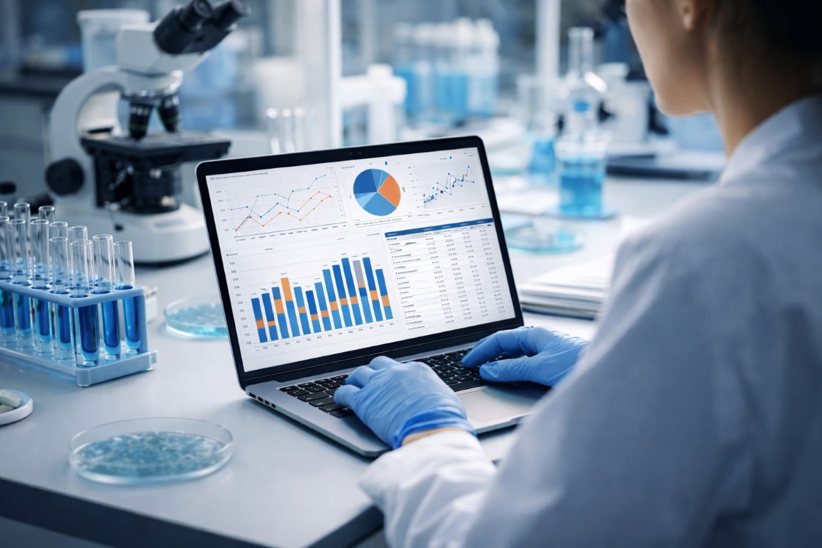 Pesquisadora em um laboratório científico usa o computador para acessar ferramenta de inteligência artificial