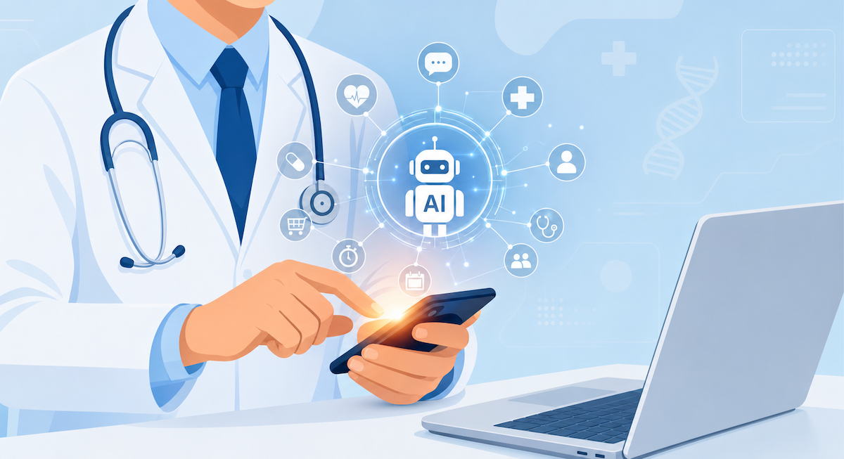 Médico de jaleco branco segura smartphone com uma das mãos e, com a outra, sustenta uma projeção digital com ícones de saúde — incluindo um robô com a sigla "AI", símbolo de cérebro, cruz médica, DNA e localização — sobre fundo cinza