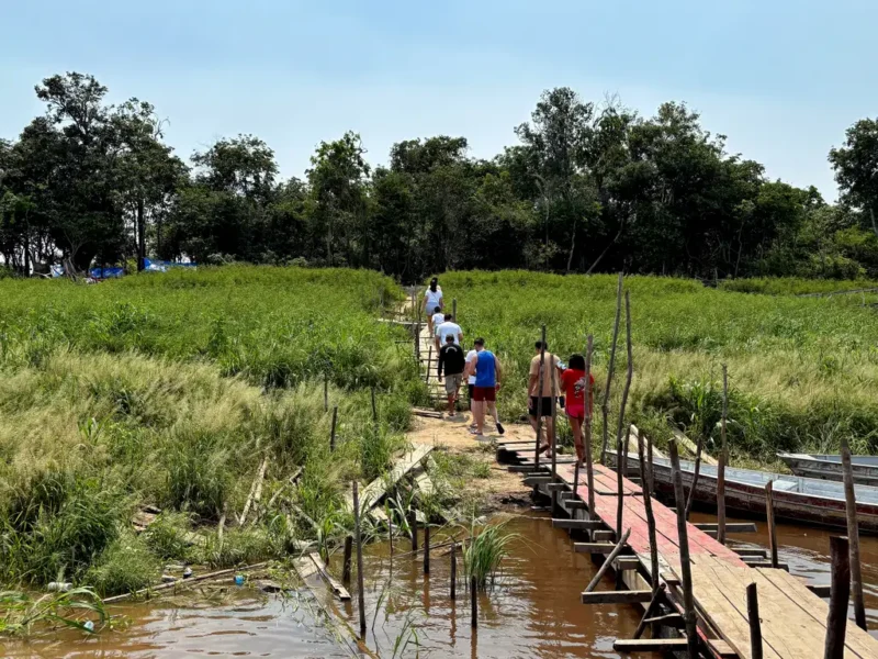 A group of people crosses an improvised wooden walkway over a flooded area, surrounded by dense vegetation. The scene suggests movement through a rural or riverside setting, with small boats visible alongside.