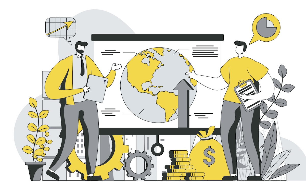 Vector illustration of two male human figures, one in a suit and tie and the other in a t-shirt, positioned in front of a presentation screen showing a globe and an arrow pointing upward.