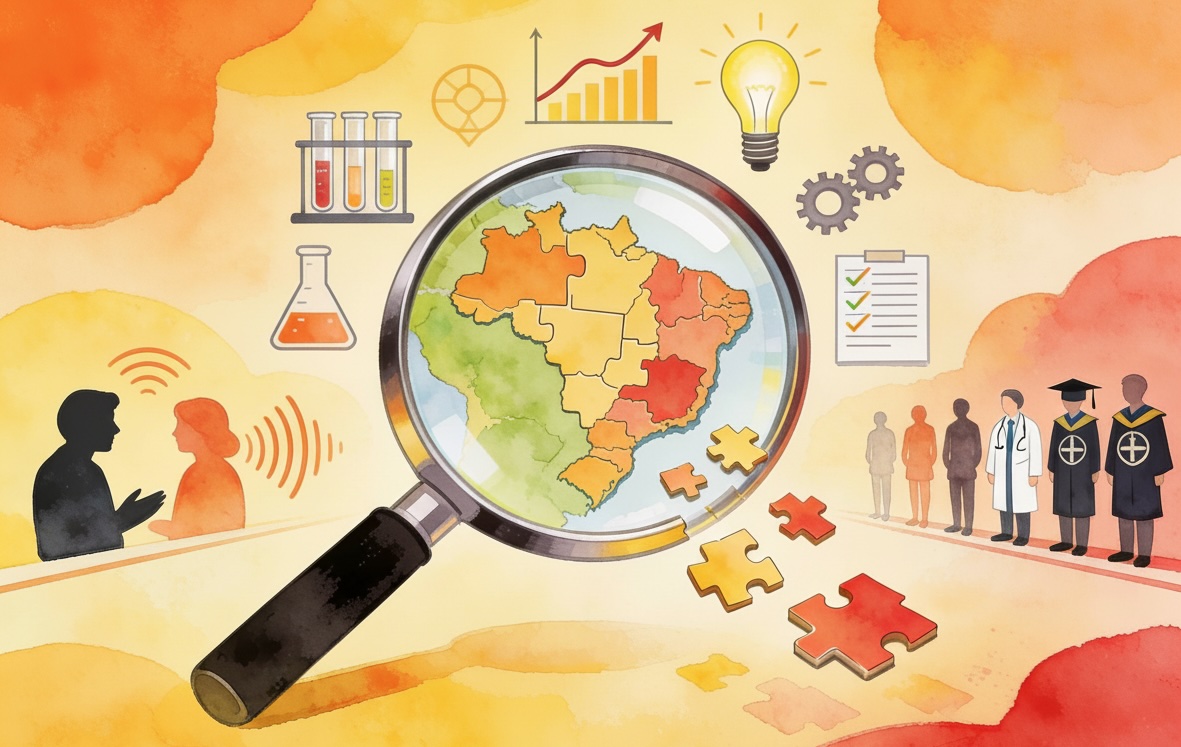 The warm-toned illustration shows a magnifying glass focusing on a map of Brazil formed by puzzle pieces, with some pieces breaking away and leaving the scene, symbolizing researchers moving abroad. Surrounding it are science-related icons such as test tubes, graphs, light bulbs, and gears. On the left, two silhouettes converse with sound waves between them; on the right, a row of human figures, with only one wearing a lab coat, suggests the limited presence of PhDs in the job market.