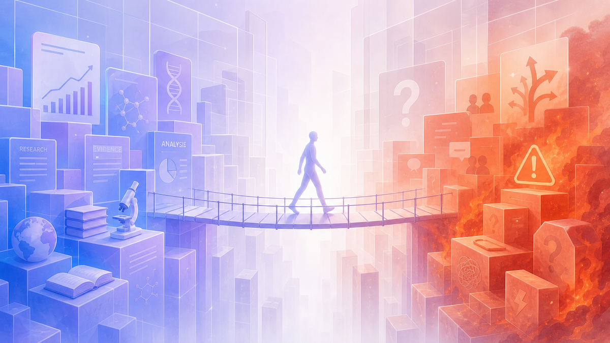 Conceptual illustration of a figure crossing a narrow bridge linking two distinct territories, suggesting the passage between fields of knowledge: surrounding it are rigid structures that evoke institutional barriers.