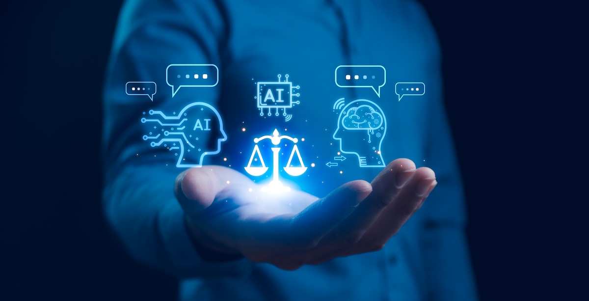 Imagem alusiva a um ser humano com uma balança virtual na mão, frente ao desafio de manter a equidade no uso de inteligência artificial em diferentes áreas 