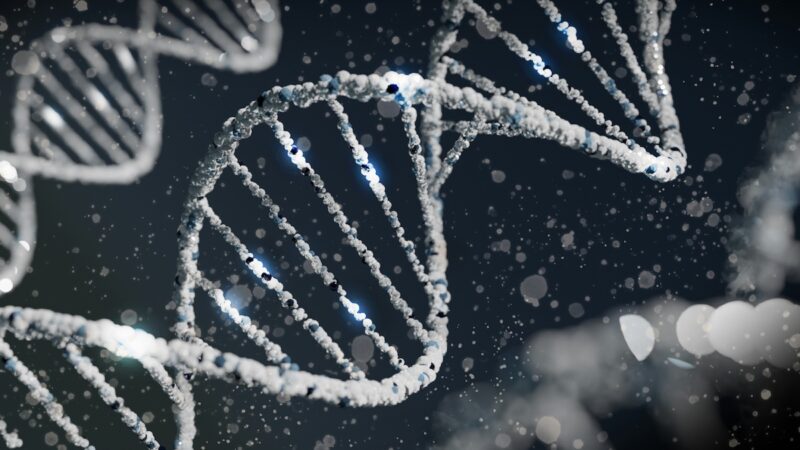 Renderização digital em tons de azul e branco de uma molécula de DNA em forma de dupla-hélice, em close-up, com partículas de luz e brilho dispersas ao fundo escuro, sugerindo um ambiente microscópico.
